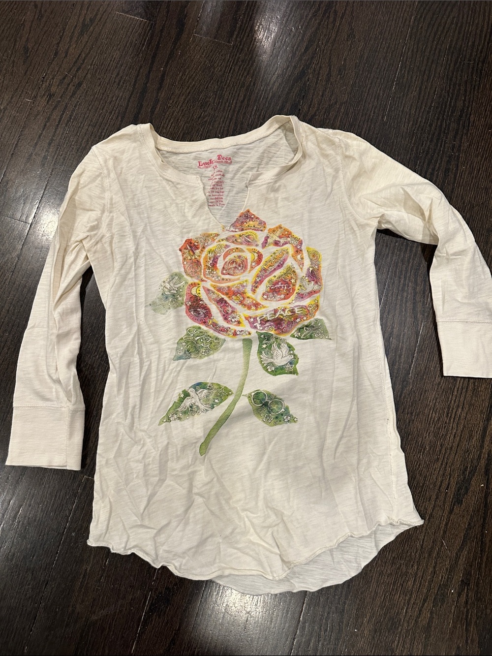 Lucky Brand White Tee with Pink Logo and Multicolor Floral Trim
